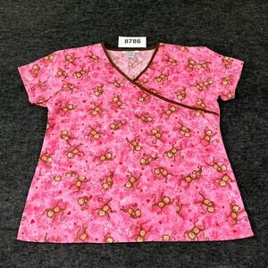 Just Love Scrub Top Womens L Pink Monkey Print V Neck Side Slit Cotton Medical